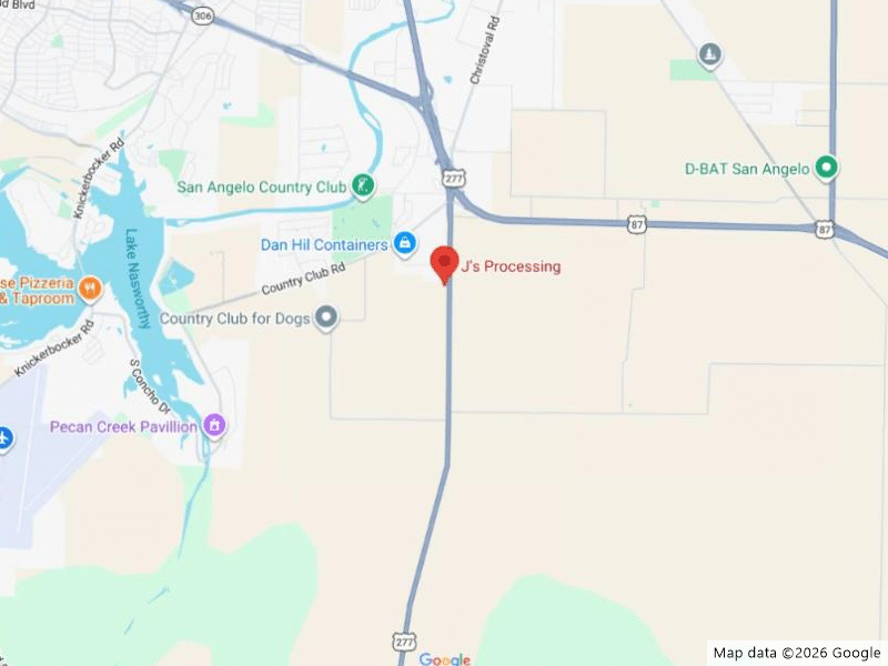 Map showing J's Processing on US Highway 277 South in San Angelo, Texas